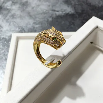 Nadsázka Leopard Styl Prsten Zelené Oči Vydláždit Zirkon Krystaly Otevření Manžety Zlatá Plated Prsten Pro Ženy Módní Značka Šperky