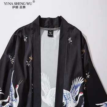 Japonský Styl Jeřáb Kimono S Pásem Tokio Streetwear Haori MenWomen Svetr Japonsko Roucho, Holka, Móda, Tradiční Asijské Oblečení