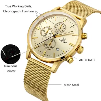 Ležérní nové vojenské stylové MEGIR značky design, módní chronograf muži male hodiny sport oceli podnikání luxusní náramkové hodinky dárek