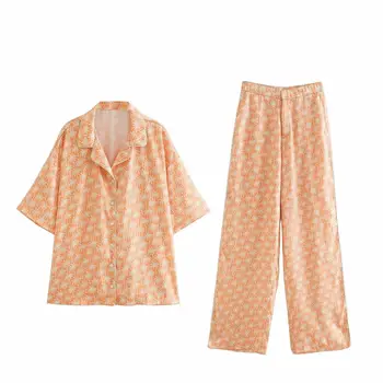NOVÝ za Tištěné pyjama-styl košile/kalhoty Mandarinka High-pasem kalhoty elastické trim na zadní