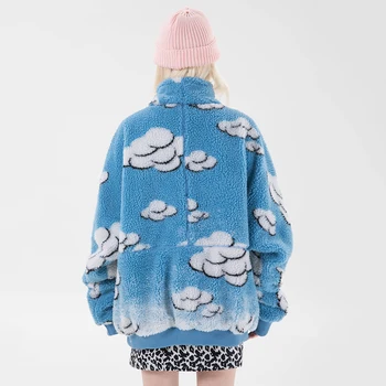 Aolamegs pánská Bunda Fleece Kapsa na Zip Roztomilý Cloud Print Muži Bundy Kabáty Zimní Teplé Útulné Harajuku Módní Streetwear Pár