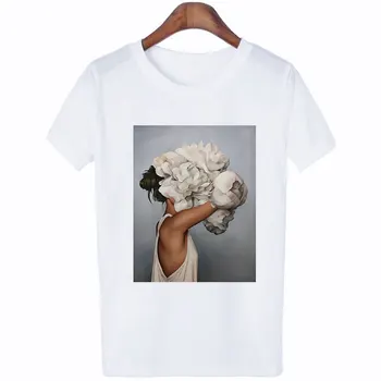 Plus Velikost Letní Ženy, Pár T-shirt Ležérní Topy Květiny, Peří Tisk Vogue Harajuku Ulzzang Estetické Camisetas Verano Mujer