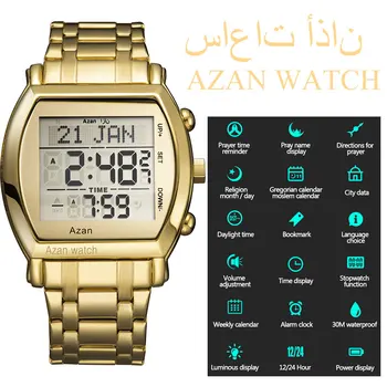 2021New Příjezdu Muslimské Modlitby montre hodinky rose gold z nerezové oceli Islámský Azan náramkové Hodinky digitální led hodinky 6007