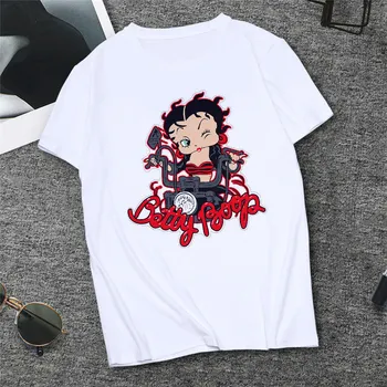 Betty Boop Tisk Letní Příležitostné O-neck Top Ženské Tričko Harajuku Streetwear Plus Velikosti Oblečení Ženy Streetwear Bílé tričko