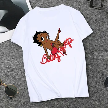 Betty Boop Tisk Letní Příležitostné O-neck Top Ženské Tričko Harajuku Streetwear Plus Velikosti Oblečení Ženy Streetwear Bílé tričko