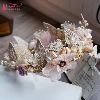 Víla Český svatební Svatební pokrývka hlavy Blush Lace Pearl květiny Ženy pokrývky hlavy ulita úžasné Svatební Hlava dekorace ZH005