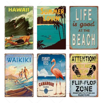 Letní Pláž Pláž Tin Znamení Vinobraní Retro City Kovové Desky Wall Art Decor Na Drink, Obchod, Bar Dekorativní Železné Plakát