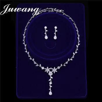 JUWANG Značky Svatební Šperky Set pro Ženy Zirkony Náhrdelník Náušnice Květ List Crystal Družičky, Svatební Šperky Set