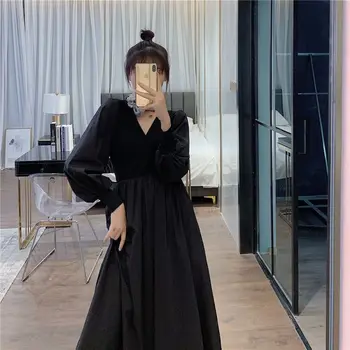 Ležérní Šaty Ženy V-Neck Solid Vysokým Pasem Šaty S Dlouhými Rukáv Střední-Tele-Line Nové Módní Ženské Oblečení Podzim 2020 Ženy