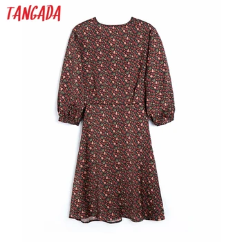 Tangada Jarní Móda Ženy Květiny Tisk Vintage Šaty Tři Čtvrtletí Rukáv Dámské Mini Šaty 4H38