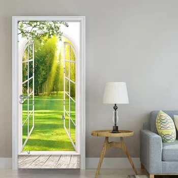 3D Okna Slunečním světle Zelené Stromy na Šířku Dveří Nálepka Nástěnná Malba na Stěnu Obývací Pokoj Ložnice samolepící Dveřní Tapety