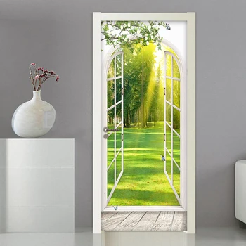 3D Okna Slunečním světle Zelené Stromy na Šířku Dveří Nálepka Nástěnná Malba na Stěnu Obývací Pokoj Ložnice samolepící Dveřní Tapety