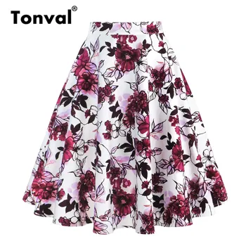 Tonval Retro Styl Květinové Houpačka Sukně Bílá s Červenými Květy Elegantní Sukně Žen Line Vintage Sukně