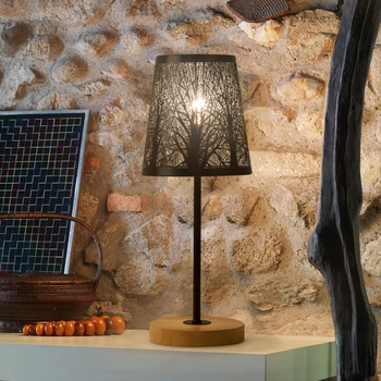 OYGROUP Moderní Malé Noční Lampa s dřevěnou Základnou Černé Kovové Hokejky a Dutý Stínidlo E14 Stolní Lampa Dekorace Pokoje BEZ ŽÁROVKY