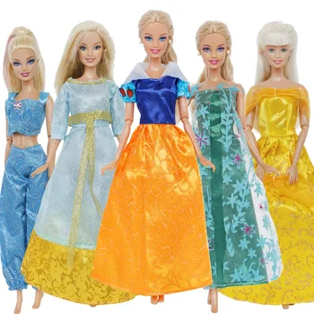 5 Ks/Lot Módní Šaty, Kopírování Pohádka Princezna Šaty Sukně Večírek Nosit Žlutá Modrá Oblečení Pro Panenku Barbie Doplňky, Děti, Hračky