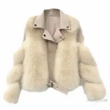 2020 Nové Pu Kožené Faux Fox Kožešiny Kabát pro Ženy Motocykl Krátké Hubnutí Kožešiny Kabát Ženy Lady Krátký Neformální Witer Teplý Kabát