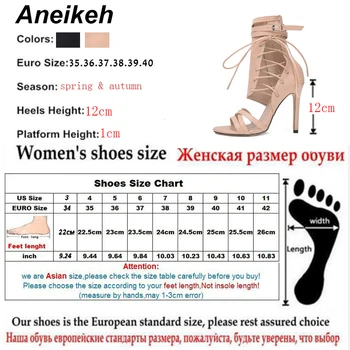Aneikeh Římské Spony Popruh Boty Ženy Sandály Sexy Gladiator Cross-Vázané Krajky Peep Toe Vysoké Podpatky Kotníkové Boty Černé Aprict