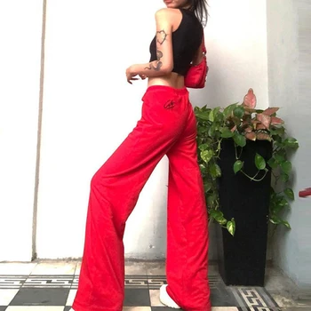 Vysoký Pasu Vyšívané Širokou Nohu Kalhoty Streetwear Červené Černé Sametové Teplé Flare Kalhoty 2019 Podzim Zima Ležérní Ženy Kalhoty