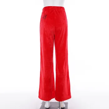 Vysoký Pasu Vyšívané Širokou Nohu Kalhoty Streetwear Červené Černé Sametové Teplé Flare Kalhoty 2019 Podzim Zima Ležérní Ženy Kalhoty