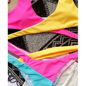 Obvaz Plavky Ženy Dva Kusy Šití Bikiny Mujer 2020 Sexy Cross Plavky Ženy Letní Plážové Oblečení Vysokým Pasem Plavec Oblek