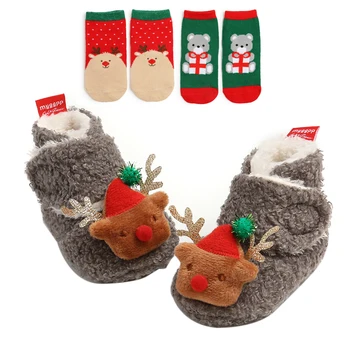 Dětská Vánoční Botičky a Ponožky, Sada Zimní Teplý Fleece Kotník Postýlka Boty a Ponožky 3 Ks sada