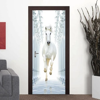 Moderní Kreativní 3D Stereoskopické Prostor Bílý Kůň Dveře Nálepka DIY PVC samolepící Dveřní Tapety na Zeď Obtisky Mural De Parede