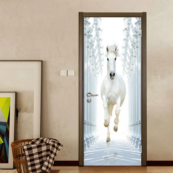 Moderní Kreativní 3D Stereoskopické Prostor Bílý Kůň Dveře Nálepka DIY PVC samolepící Dveřní Tapety na Zeď Obtisky Mural De Parede