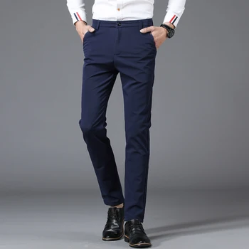 2021 Podzim Muži Slim Fit Rovnou Oblek Kalhoty Stretch Obchodní Módní Trend, Pevné Dlouhé Kalhoty Mužské Modré Příležitostné Oříznuté Kalhoty