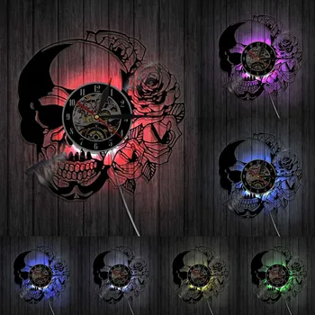 Hippie Skull With Rose Umění Dekorativní Nástěnné Hodiny Strojek Kostra Lebky Trn Růže Vinyl Záznam Doma Nástěnné Hodiny Gotický Dekor