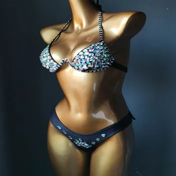 Push Up Sexy Halter Beach Plavky Letní Luxusní Bling Kámen Polstrovaný Kostice Obvaz Glitter Crystal Ženy, Bikini Set