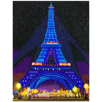 HUACAN LED Diamond Obraz 5D Eiffelova Věž Diamond Výšivky LED Světlo Plné Kolo Vrták Diamond Mozaika 30x40cm S Rámem