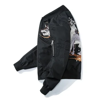 Muži Ma-1 Bomber Jacket Harajuku Vlk Výšivky Módní Streetwear Ležérní Baseball Bundy Kabáty Hip Hop Design Yokosuka Podzim