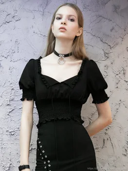 PUNK RAVE Dívka je Plná Náměstí Límec Ruched Namontována Plodin Topy Gotické Denní Ženy Sexy Černé Krátké Tričko