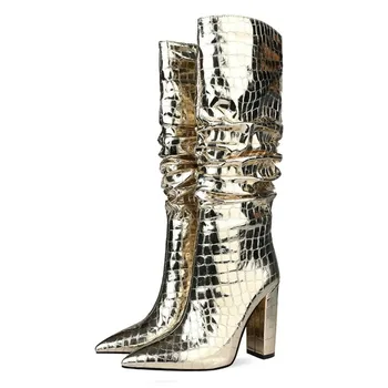 Evropský a Americký styl 2020 nový silný pata složit vysoké boty boční zip boty dámské stříbrné boty velké velikosti dámské boty