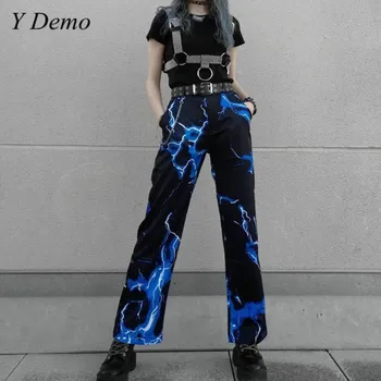 Y Demo Harajuku Blesk Tisk Kalhoty Dámské Ležérní Vysokým Pasem Retro Grunge Rovné Kalhoty