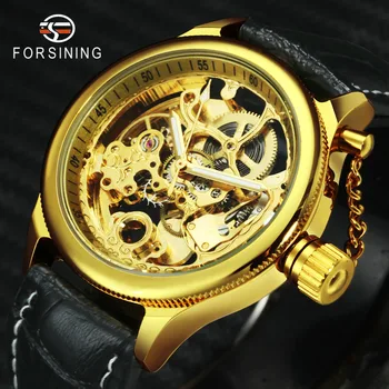 FORSINING Top Značky Luxusní Zlaté náramkové Hodinky Pánské Kostra Ciferník Vyřezávané Kůže Popruh Módní Šaty Náramkové hodinky