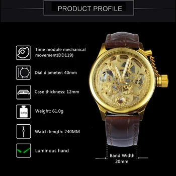 FORSINING Top Značky Luxusní Zlaté náramkové Hodinky Pánské Kostra Ciferník Vyřezávané Kůže Popruh Módní Šaty Náramkové hodinky