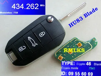 RMLKS Nové Klíče Dálkového ovládání 3 Tlačítko 433MHz ID46 PCF7941 Čip Fit Pro Peugeot 508 Auto Klíče Fob Uncut HU83 Čepel