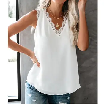 2020 Letní Krajkové tílko Dámské Šifon Tričko Krajkové Topy Dámské bez Rukávů T Shirt Ladies V-neck T-shirt Femme Bílé 2XL