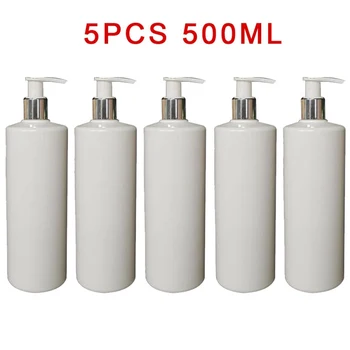5PC 500mL Ploché Rameno PET Plastové Láhve (500ml Ploché Rameno Bílá + Stříbrná-bílá Hlava Čerpadla)