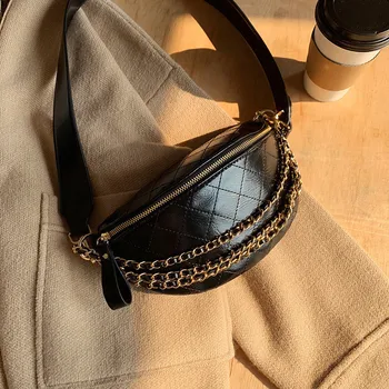 Ženy Hrudi tašky Diamond vzor řetězce, sling tašky Kvalitní PU Kůže Řetězce Malé Rameno Messenger Bag Lady kabelky černá peněženka