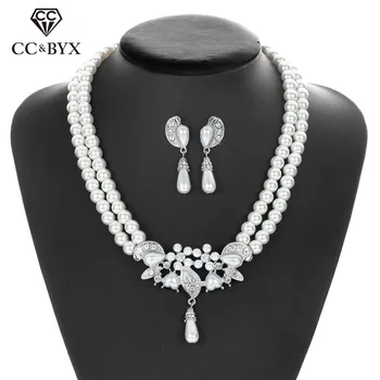 CC Šperky Sady Stud Náušnice a Náhrdelník Módní Perlový Pro Svatební Ženy, Strana, Svatební Doplňky Crystal Luxusní Styl D009