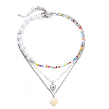 SHIXIN 3 Ks/Set Asymetrie Duhové Korálky Pearl náhrdelník Náhrdelník pro Ženy Boho Vrstvené Krásné Srdce Přívěsek Náhrdelník Módní 2020