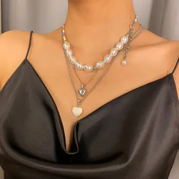 SHIXIN 3 Ks/Set Asymetrie Duhové Korálky Pearl náhrdelník Náhrdelník pro Ženy Boho Vrstvené Krásné Srdce Přívěsek Náhrdelník Módní 2020