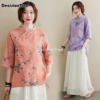 2021 tradiční čínské dámská halenka folk styl bavlněné povlečení vintage tričko tang oblek cheongsam ženy lady šifon halenka