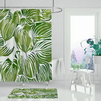 Tropický Deštný Prales Zelené Rostliny, Listy, Palmový List Monstera Sprchový Závěs Textilie, Nepromokavé Polyester S Háčky Pro Koupelny