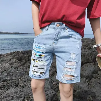 Velkoobchodní 2020 Módní Džínové šortky pánské letní nový korejský ležérní rovný mládí Roztrhl díru džínové šortky kalhoty