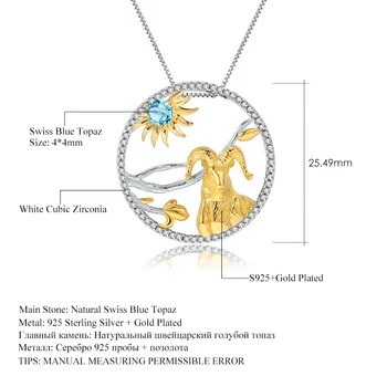 GEM JE BALET Přírodní Swiss Modrý Topaz 12 Symbolické Zvíře Šperky 925 Sterling Silver Ručně vyráběné Kozí Přívěskem Náhrdelník Pro Ženy