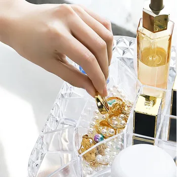 Kosmetické Úložný Box Make-Up Organizátor Šperky Displej Stojan Koupelna Plastový Box Diamond Vzor Otáčení O 360 Stupňů Transparentní