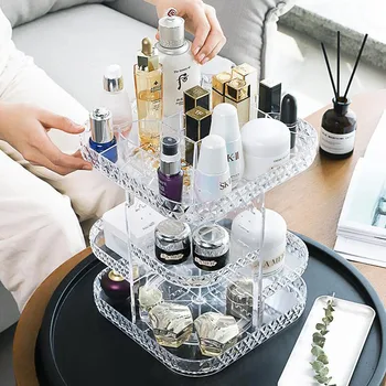 Kosmetické Úložný Box Make-Up Organizátor Šperky Displej Stojan Koupelna Plastový Box Diamond Vzor Otáčení O 360 Stupňů Transparentní